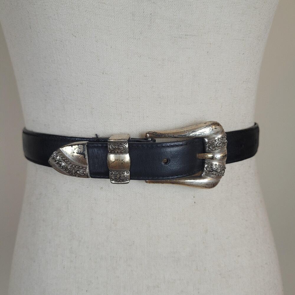 Black Leather Belt Medium Western Buckle Cowgirl Boho Rodeo Rustic Chic Patina